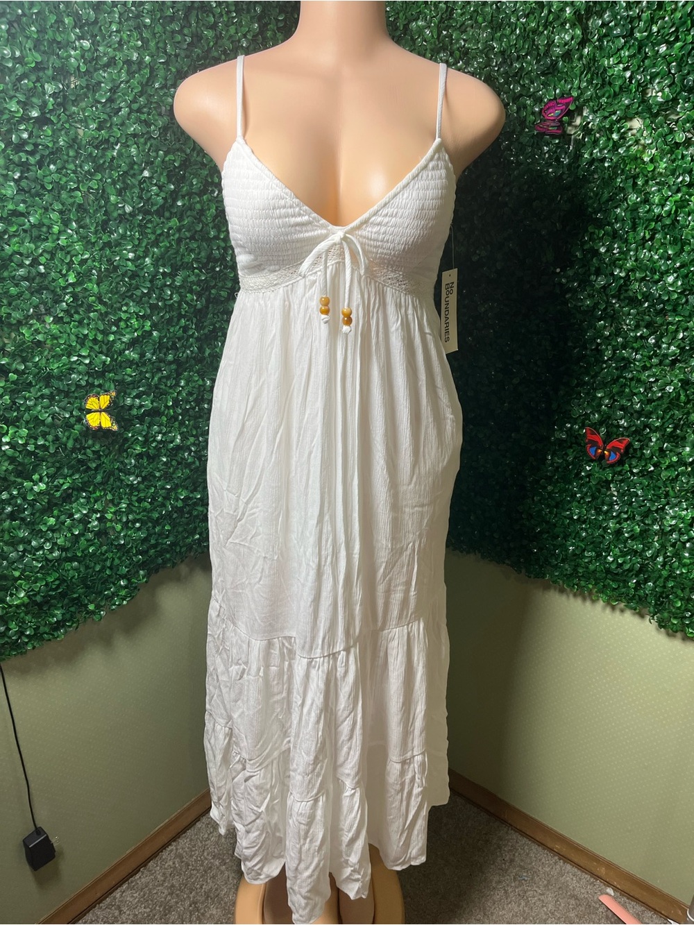 No Boundaries White Spaghetti-Strap Maxi Dress with Bead Tie